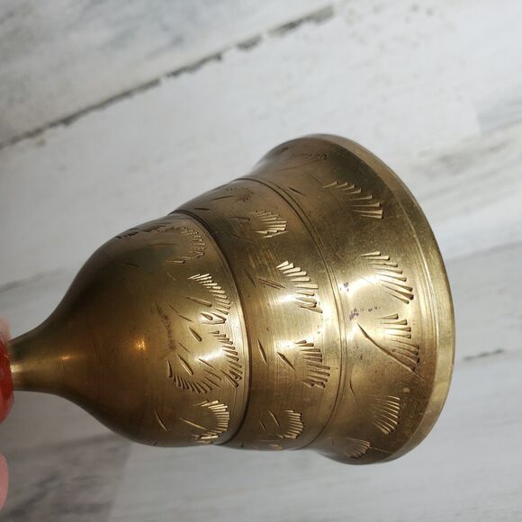 Vintage Etched Brass Hand Bell Wood Handle India - School, Teacher, Call Service - Picture 7 of 12